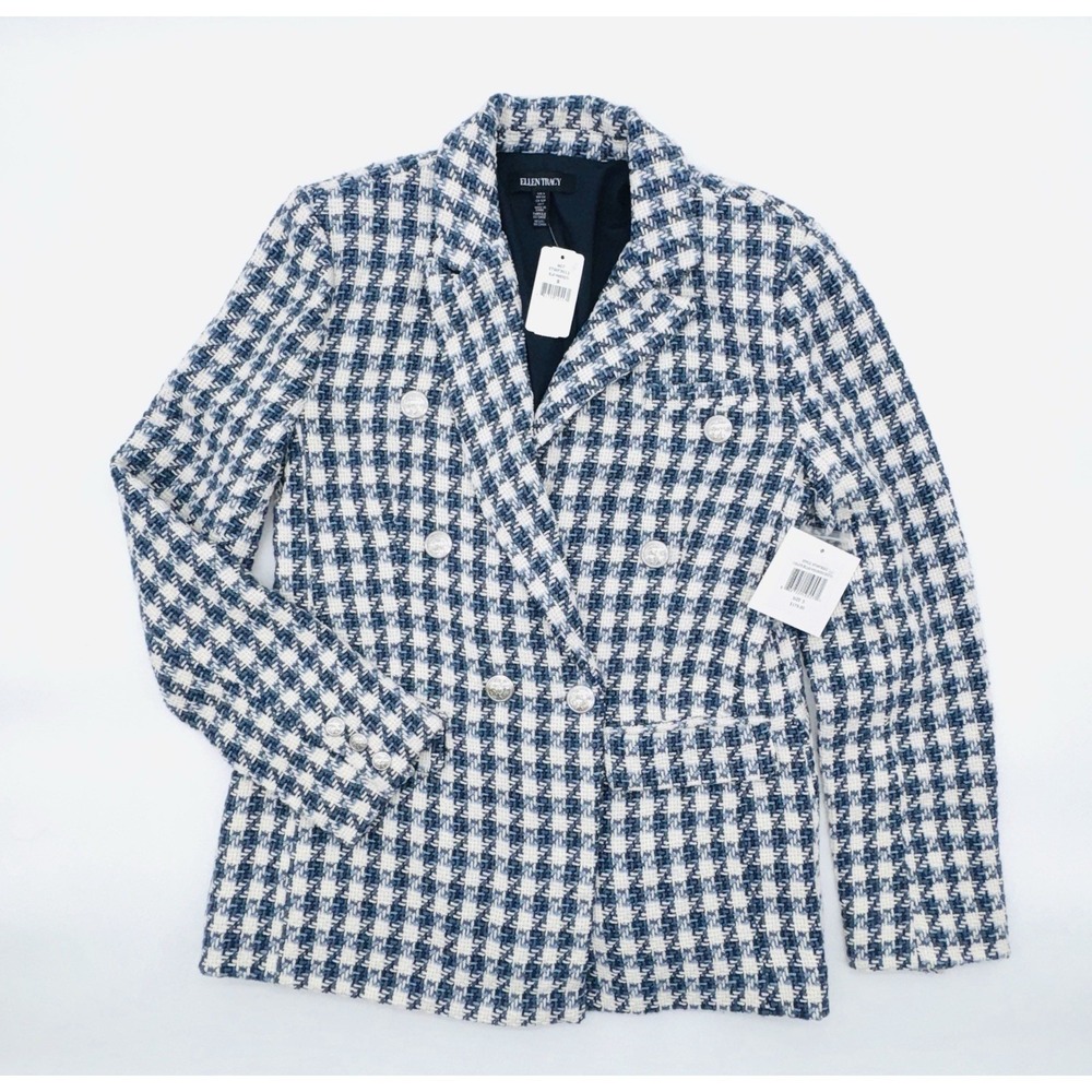 NWT $179 Ellen Tracy Wool-Blend Boucle Houndstooth Blazer Blue‎ Cream Women's S
